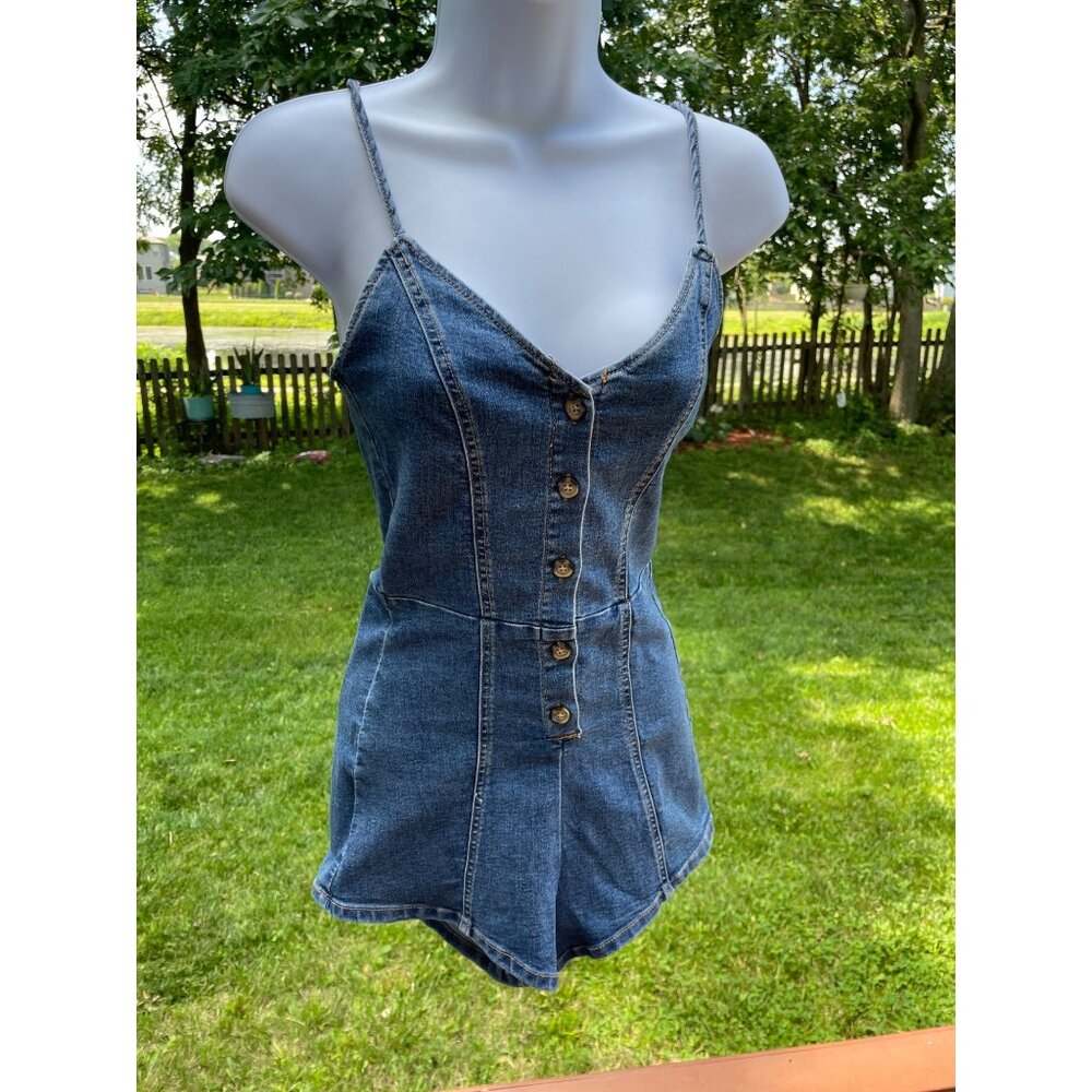 H&M Divided Denim Button-Front Romper With Spaghetti Straps